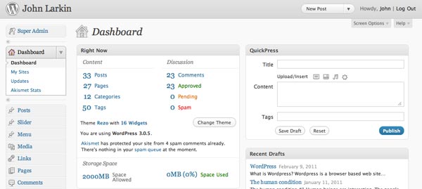 Dashboard in WordPress