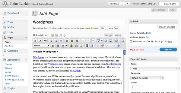 Edit page window in WordPress