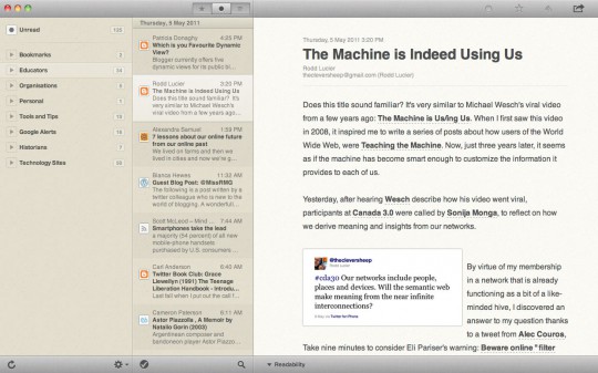 Main window for Reeder application on Mac OS X